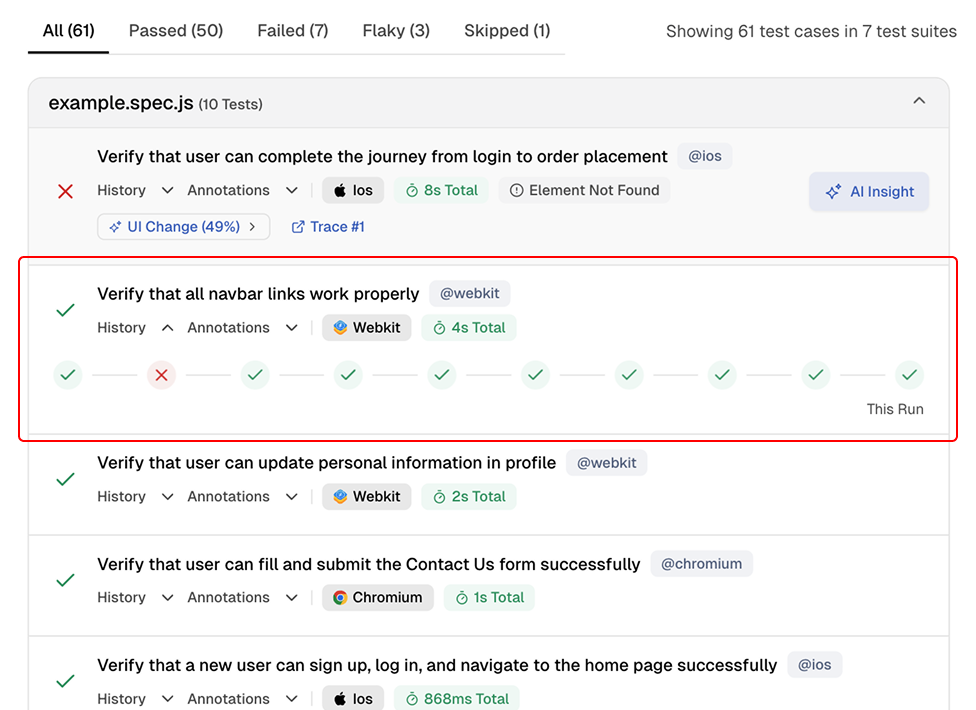Test case history across past executions
